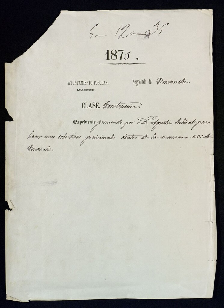 Miniatura de D. Agustín Subirat, para hecer unos cobertizos provisionales dentro de la manzana 235 del Ensanche.
