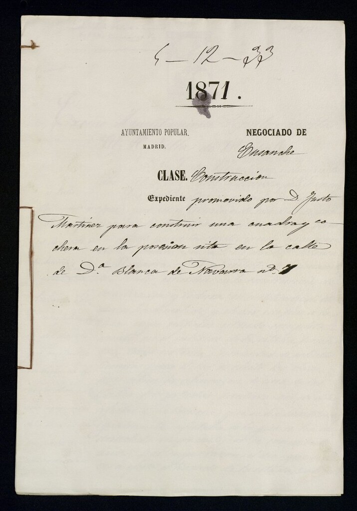 Miniatura de D. Justo Martínez para construir una cuadra y cochera en la posesión sita en la calle de Dª Blanca de Navarra, nº 7.