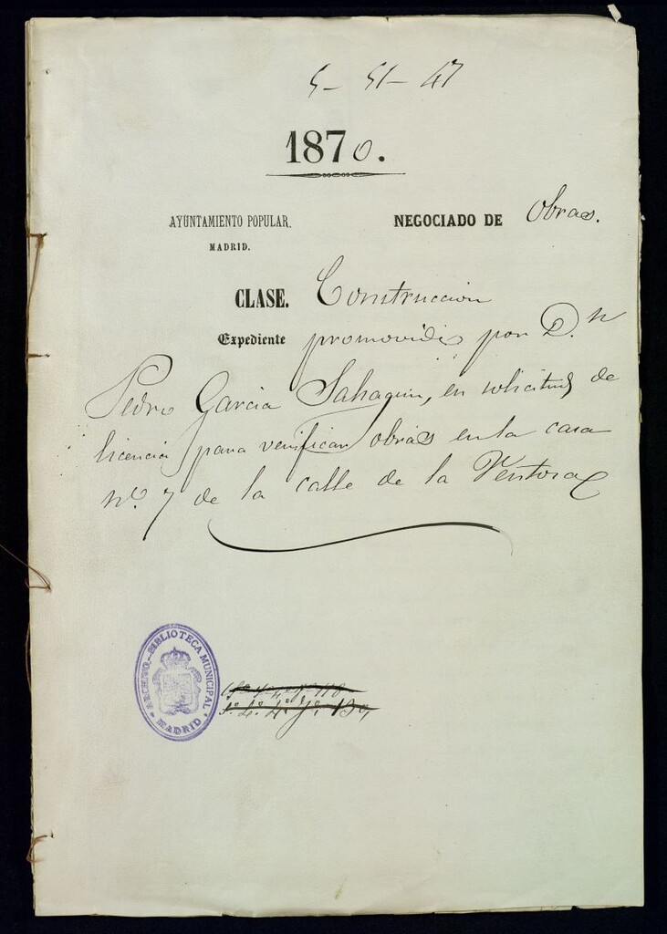 Miniatura de D. Pedro García Sahagún, en solicitud de licencia para verificar obras en la casa nº 7 y de la calle de la Ventosa.