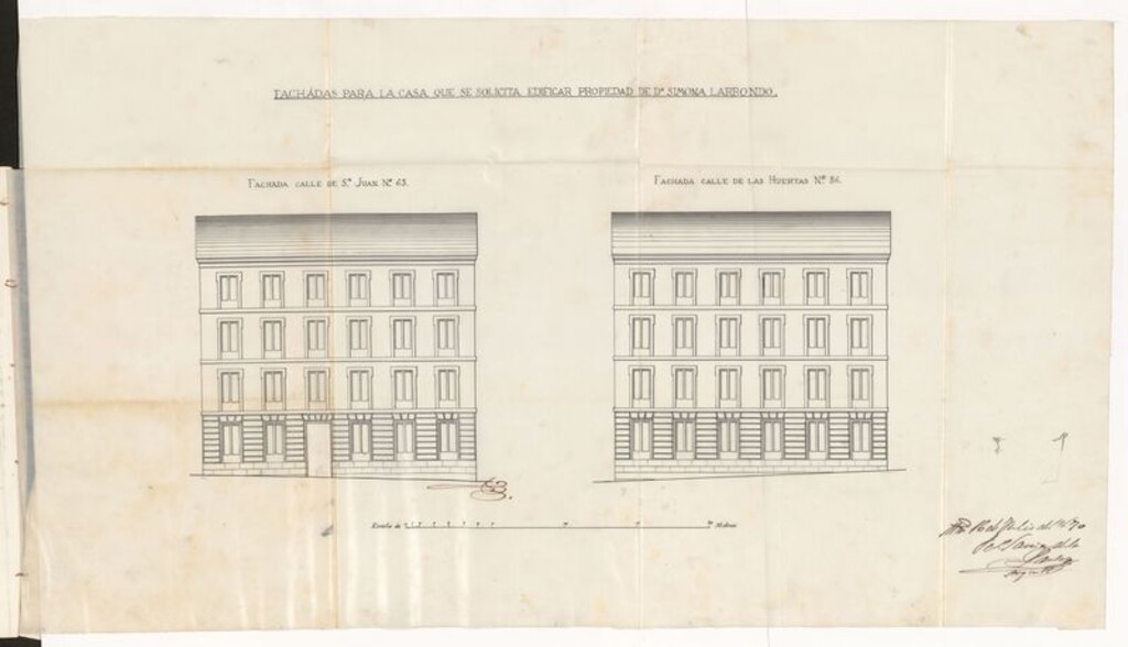 Miniatura de D. José Cánovas, como apoderado de Dª Simona Larrondo dueña de la casa nº 63, de la calle de S. Juan con accesorias a la de las Huertas en solicitud de licencia para reedificarla.