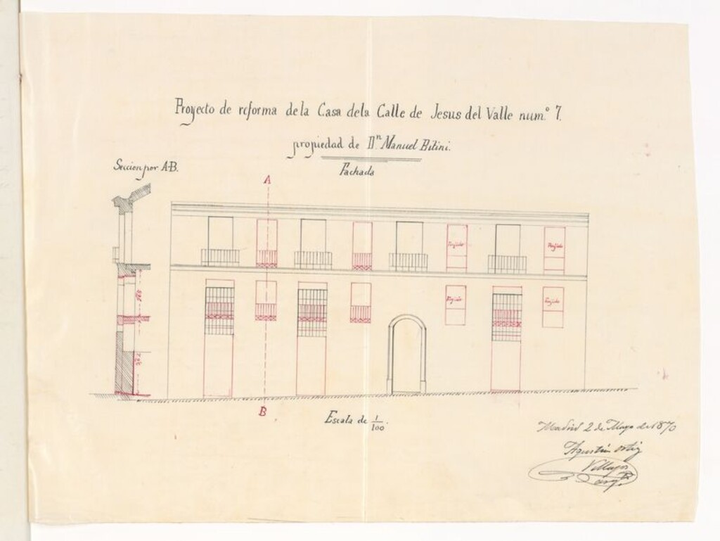 Miniatura de D. Manuel Bitini, en solicitud de licencia para hacer reformas y aumentar un piso en la casa nº 7 de la calle de Jesús del Valle.