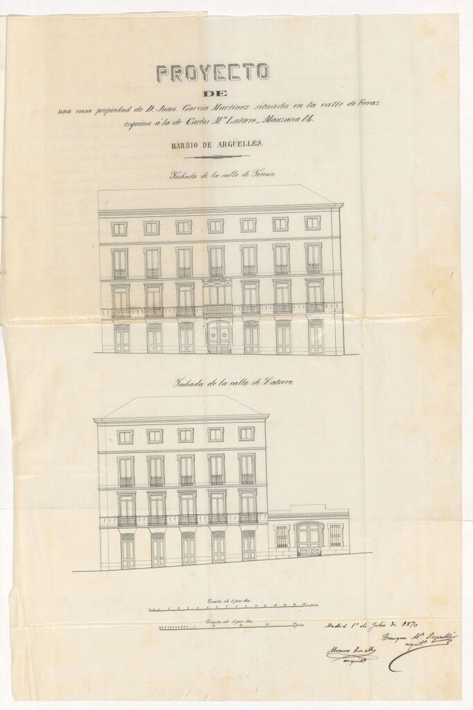 Miniatura de D. Juan García Martínez, para edificar en un solar de su propiedad sito en la calle de Ferraz con vuelta a la de Latorre.