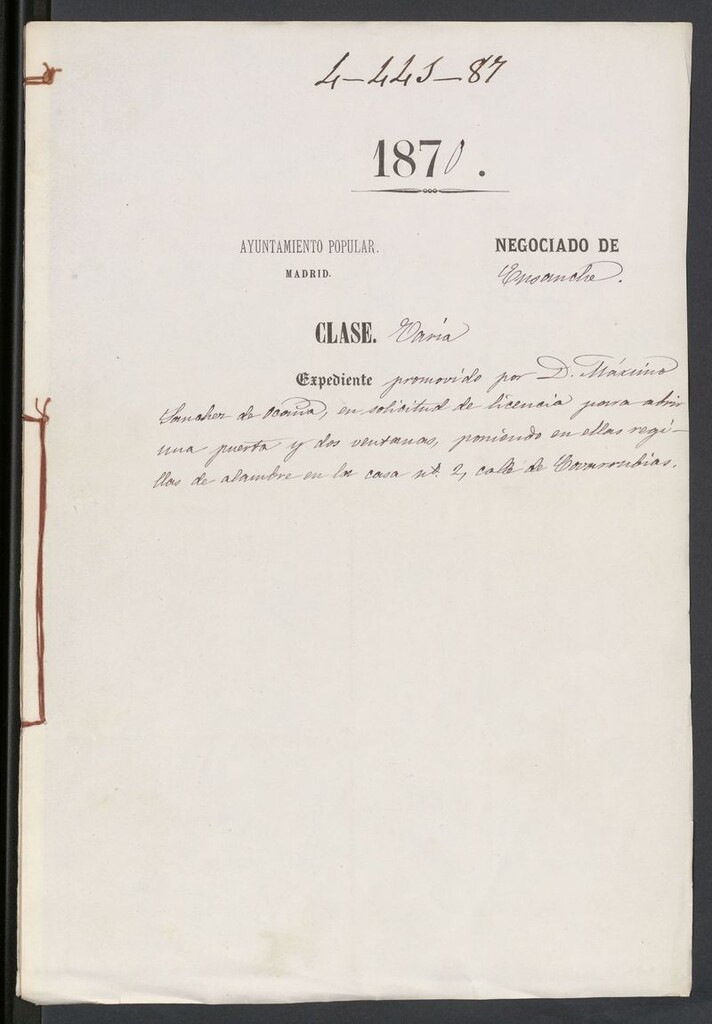 Miniatura de D. Máximo Sánchez de Ocaña, en solicitud de licencia para abrir una puerta y dos ventanas, poniendo en ellas regillas de alambre en la casa nº 2, calle de Covarrubias.