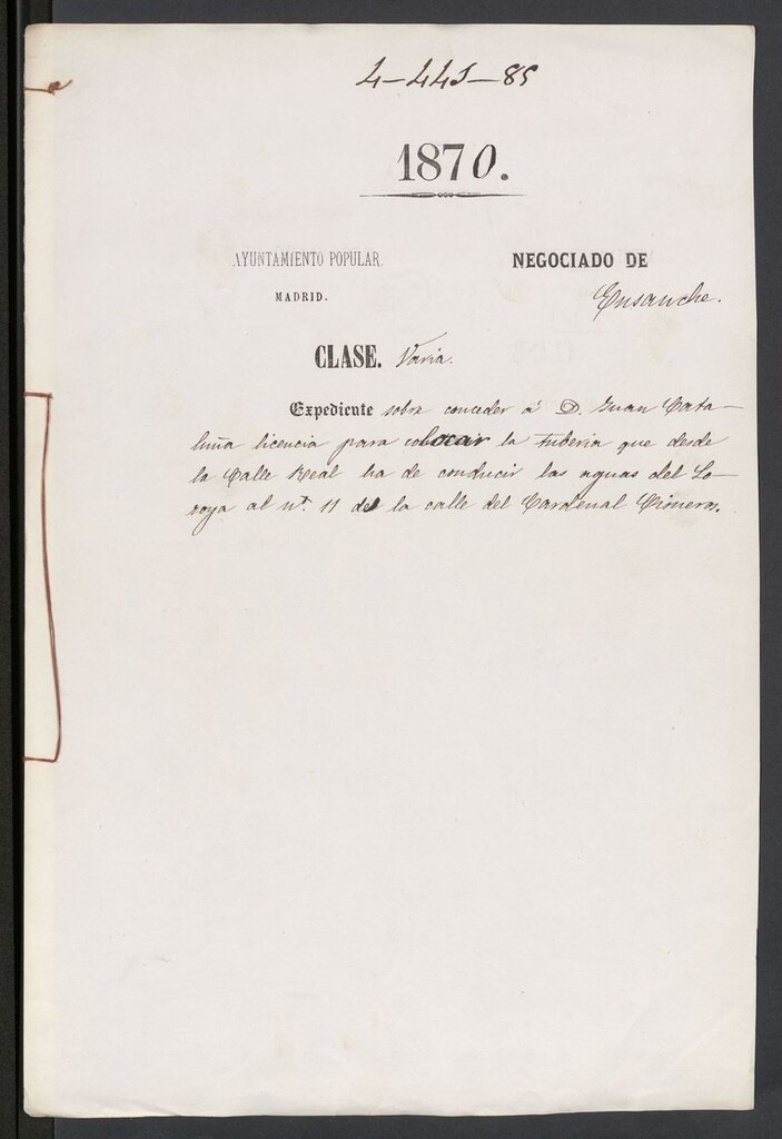 Miniatura de D. Juan Cataluña, licencia para revocar la tubería que desde la calle Real ha de conducir las aguas del Lozoya al nº 11 de la calle del Cardenal Cisneros.