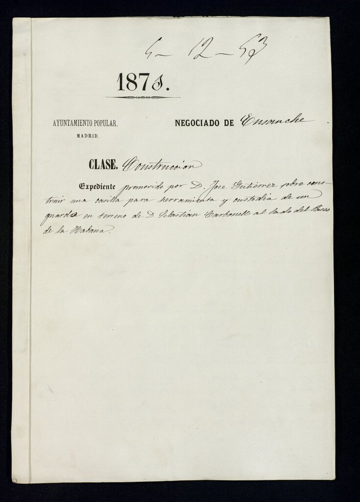 Miniatura de D. José Gutierrez sobre construir una casilla para herrmienta y custodia de un guardiaen el terreno de Sebastián Carbonell, al lado del paseo de la Habana