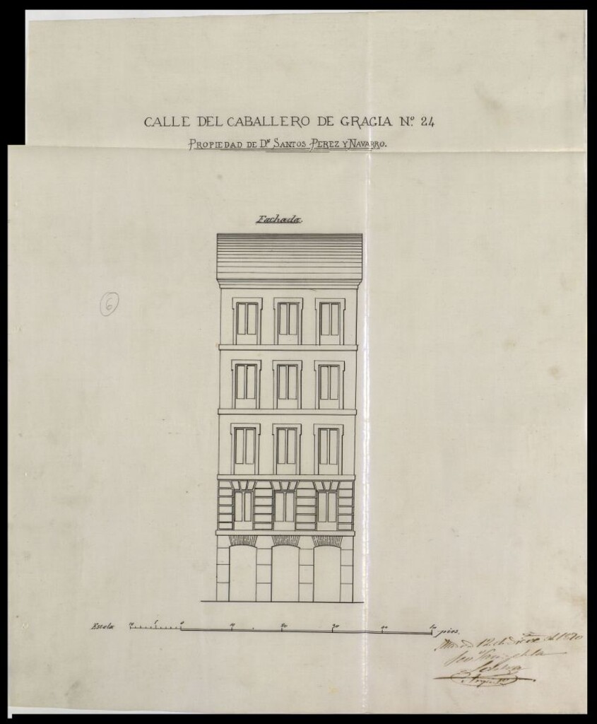 Miniatura de D. Santos Pérez Navarro, en solicitud de licencia para construir de nueva planta la casa nº 34, de la calle del Caballero de Gracia.
