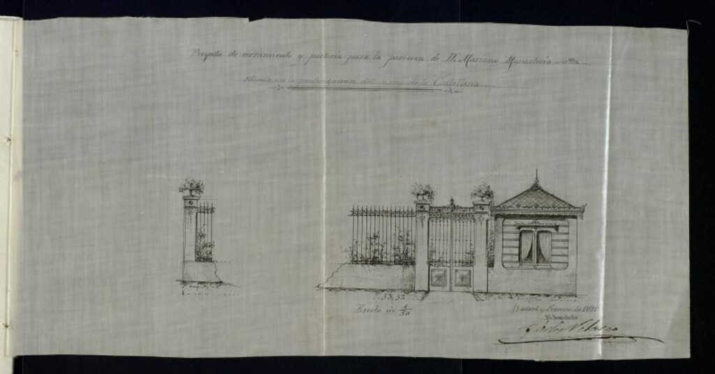 Miniatura de D. Mariano Monasterio, solicitando licencia para construir una verja y porteria en su posesión sita en la prolongación del nuevo Paseo de la Castellana.