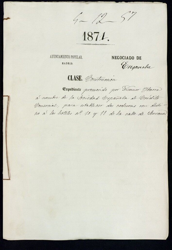 Miniatura de D. Nicanor Ibarra a nombre de la Sociedad Española de Crédito Comercial, para establecer dos cocheras con destino a los hoteres nº 10 y 11 de la calle de Serrano.