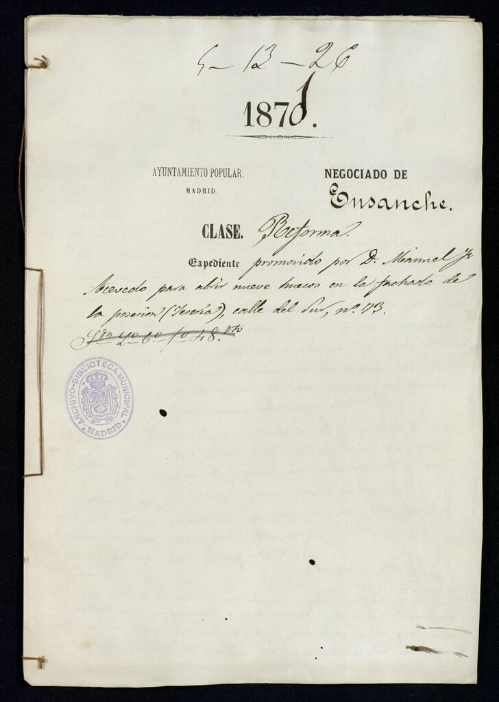 Miniatura de D. Manuel Acevedo, para abrir nuevos nuecos en la fachada de la posesión (Yeserías), calle del Sur, nº 73.