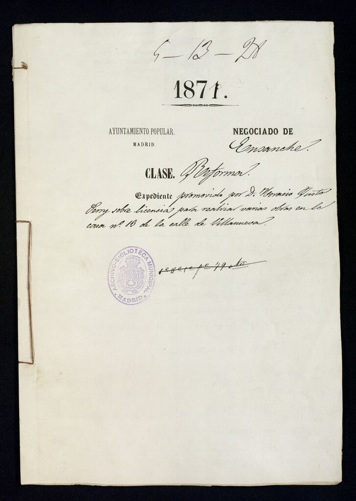 Miniatura de D. Horacio Justo Perry, sobre licencia para realizar varias obras en la casa nº 13 de la calle de Villanueva.