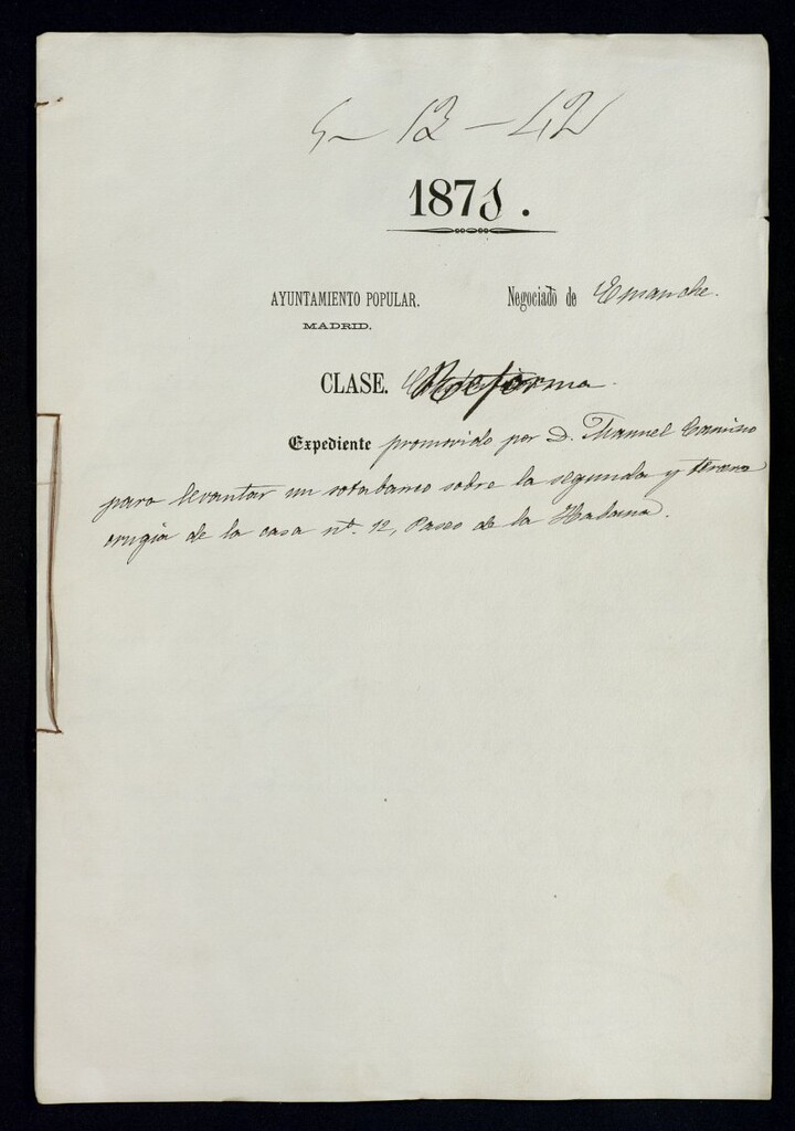 Miniatura de D. Manuel Camino, para levantar un sotabanco sobre la segunda y tercera crugía de la casa nº 12, Paseo de la Habana.