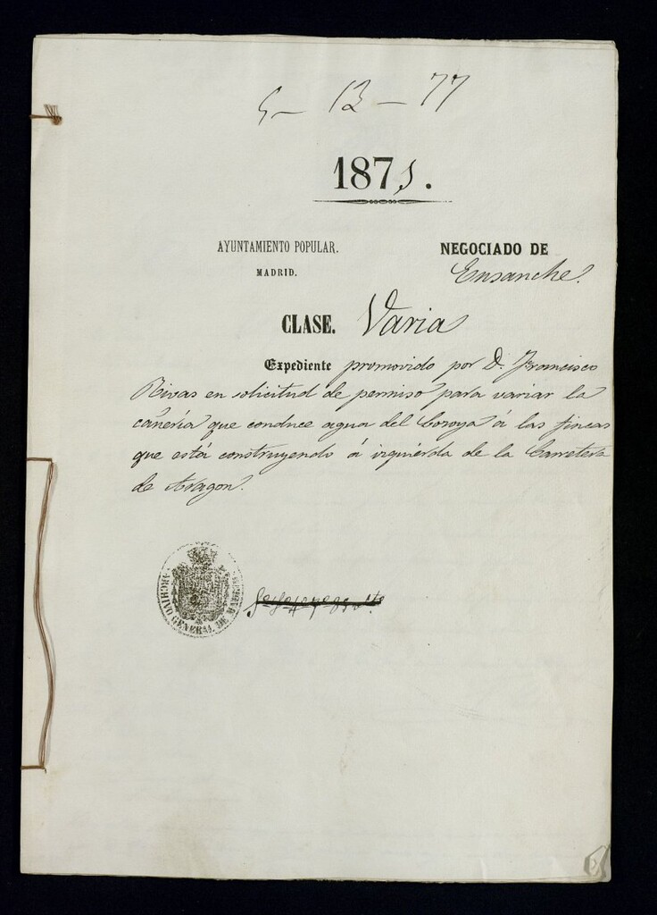 Miniatura de D. Francisco Rivas, en solicitud de permiso para variar la cañeria que conduce agua del Lozoya a las fincas que está construyendo a izquierda de la Carretera de Aragón.