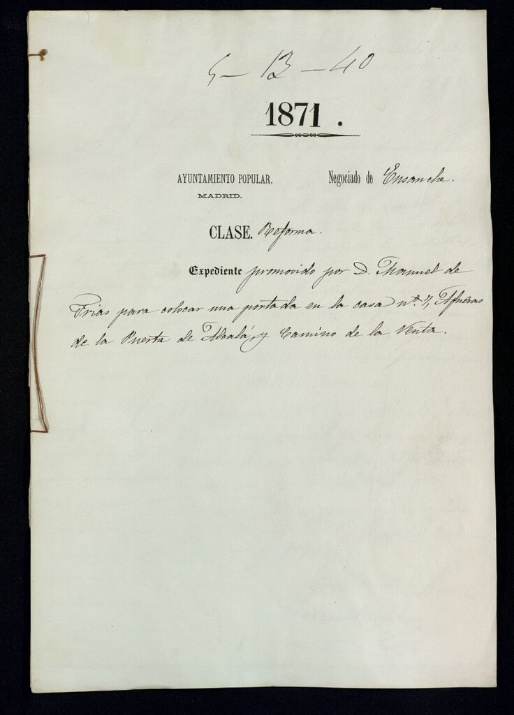 Miniatura de D. Manuel de Frias, para colocar una portada en la casa nº 7, afueras de la Puerta de Alcalá, y Camino de la Venta.