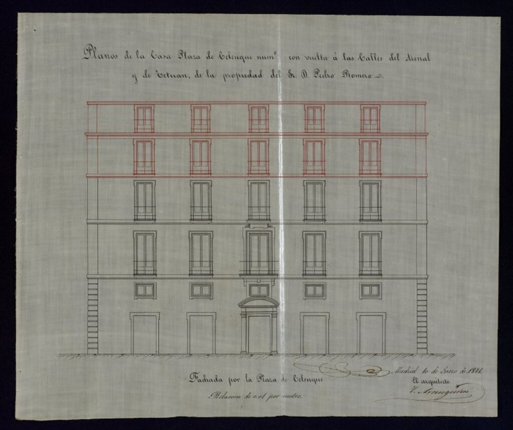 Miniatura de D. Tomás Aranguren, en solicitud de licencia para aumentar dos pisos a la casa nº 3 de la Plaza de Celenque.