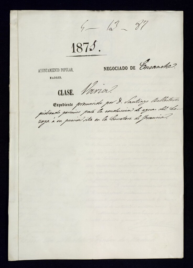 Miniatura de D.Santiago Ballesteros, piediendo permiso para la conducción de aguas del Lozoya a su posesión, sita en la Carretera de Francia.