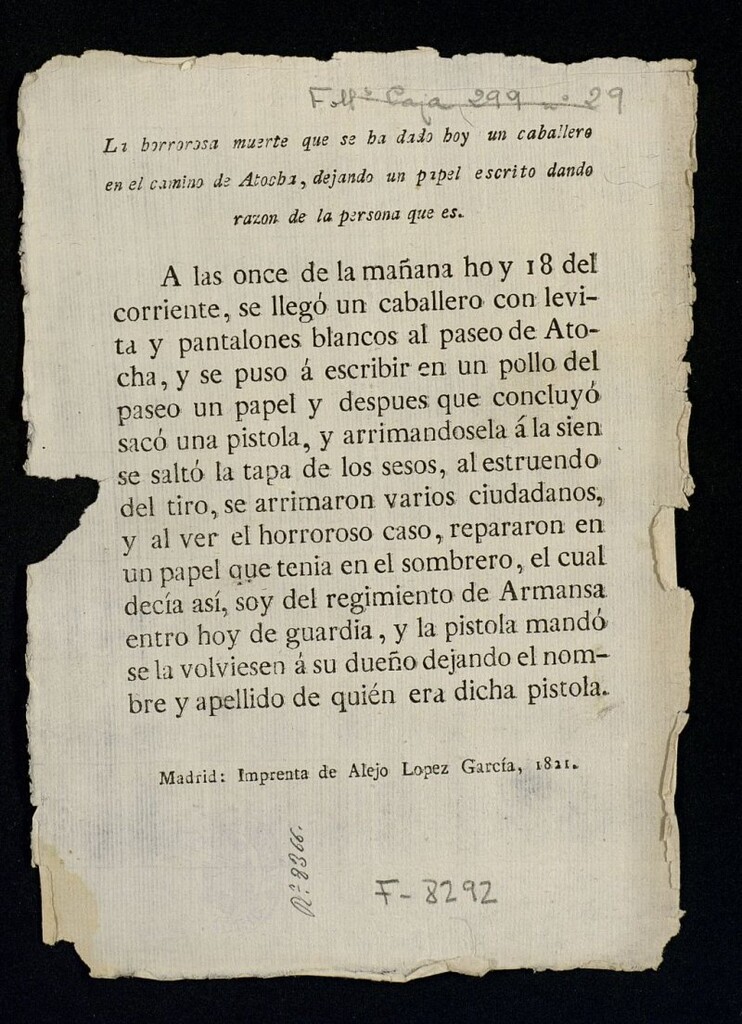Miniatura de La horrorosa muerte que se ha dado hoy un caballero enel camino de Atocha, dejando un papel escrito dando razón de la persona que es