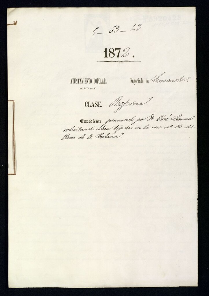 Miniatura de D. José Canosa, solicitando colocar bajadas en la casa nº 13 del Paseo de la Habana.