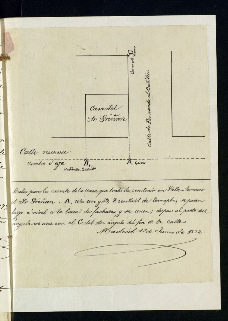 Miniatura de D. Francisco Griñán, para construir en un terreno del barrio de Vallehermoso, calle nueva, con  vuelta a la de Fernando el Católico.