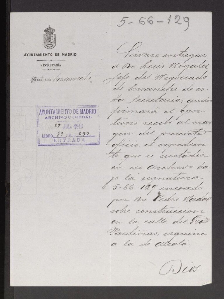 Miniatura de Recibo de entrega a D. Luis Nogales del expediente 5-66-129