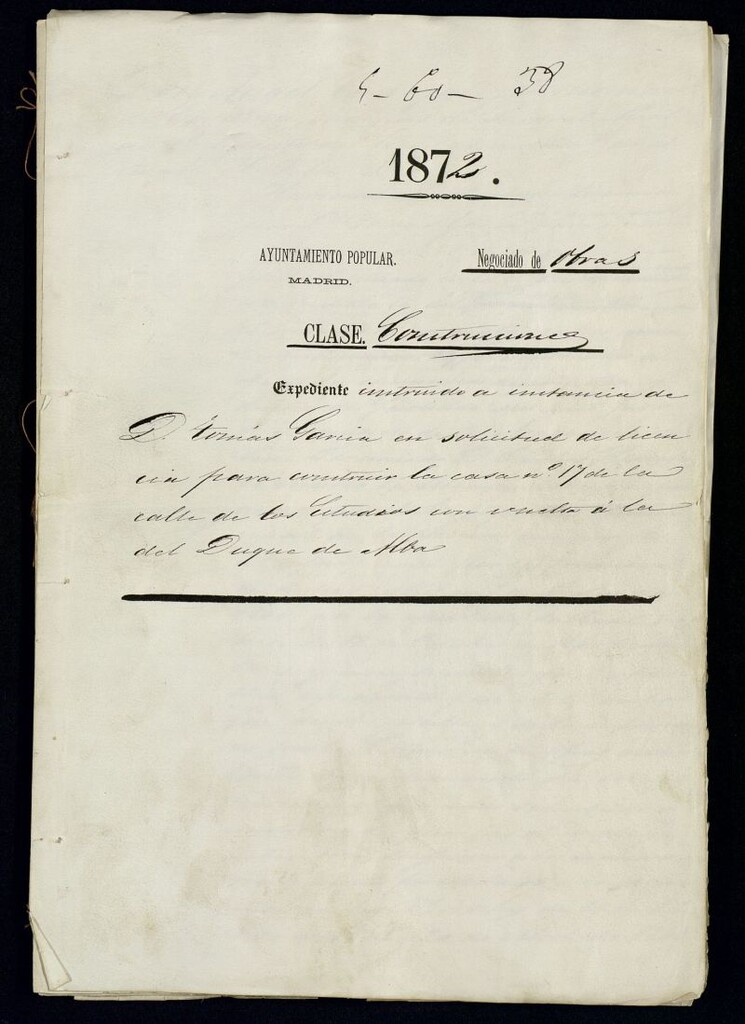 Miniatura de D. Tomás García, en solicitud de licencia para construir la casa nº 17 de la calle de los Estudios con vuelta a la del Duque de Alba.