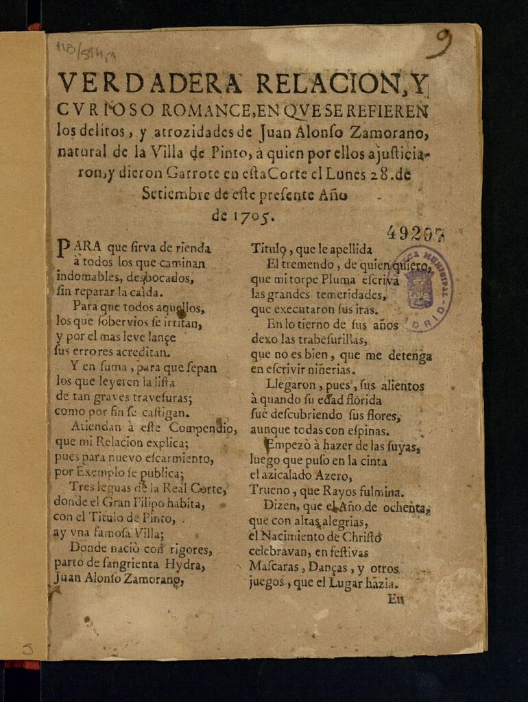 Miniatura de Verdadera relacion y curioso romance, en que se refieren los delitos, y atrozidades de Juan Alonso Zamorano, natural de la Villa de Pinto, a quien por ellos ajusticiaron, y dieron Garrote en esta Corte el Lunes 28. de Setiembre de este presente Año de 1705