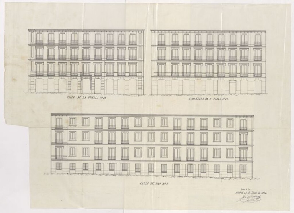 Miniatura de D. Fernando Casariego, a nombre del Sr. Conde de la Patilla, en solicitud de licencia para edificar de nueva planta la casa nº 19 de la Calle de la Puebla con vuelta a la Corredera de San Pablo nº 14 y Calle del Nao nº 7.