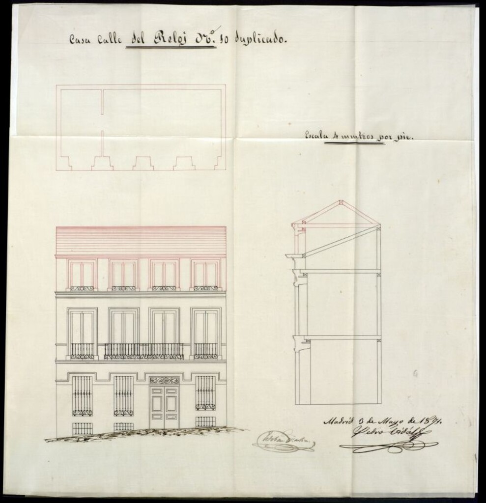 Miniatura de D. Estebán Martín y López, en solicitud de licencia para aumentar un piso a la casa nº 10 de la calle del Reloj.