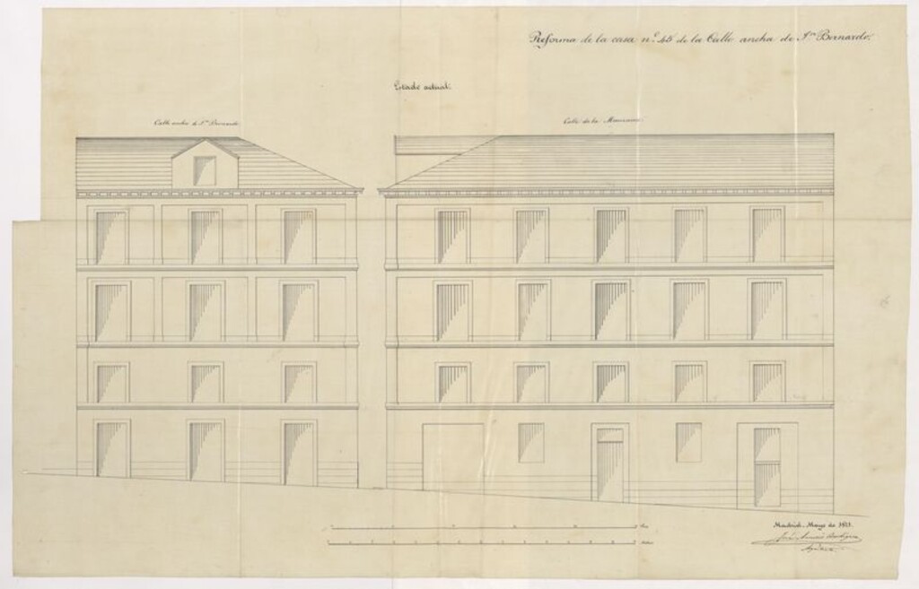 Miniatura de D. Antonio Benito, en solicitud de licencia para aumentar dos pisos en su casa nº 45 de la calle de San Bernardo.