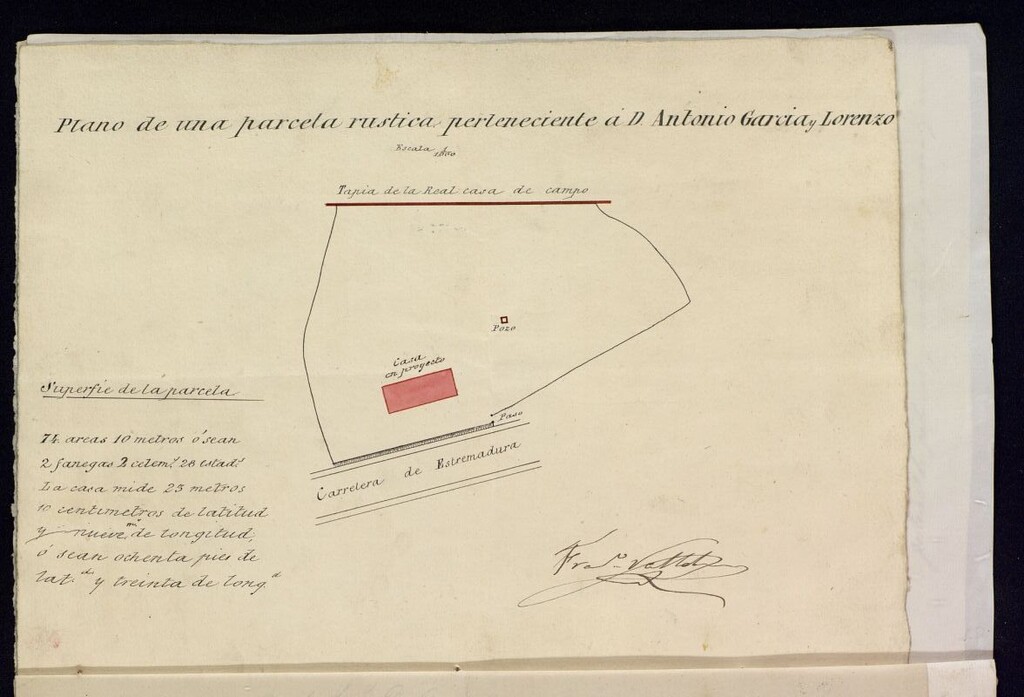 Miniatura de D. Antonio García Lorenzo, para edificar una casa de planta baja y corral en un terreno de la Carretera de Extremadura.