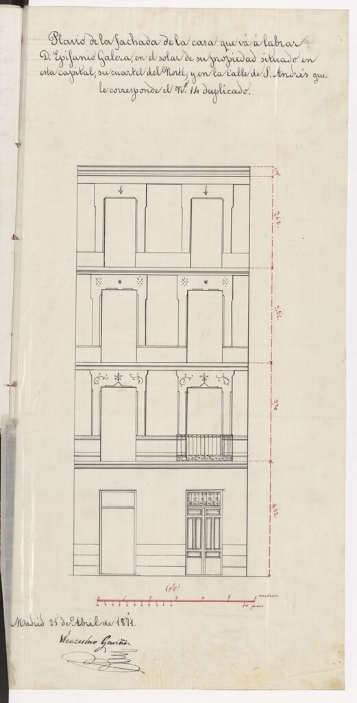 Miniatura de D. Epifanio Galera, en solicitud de licencia para edificar en un solar de su propiedad, sito entre los nºs 14 y 16 de la calle de S. Andrés.