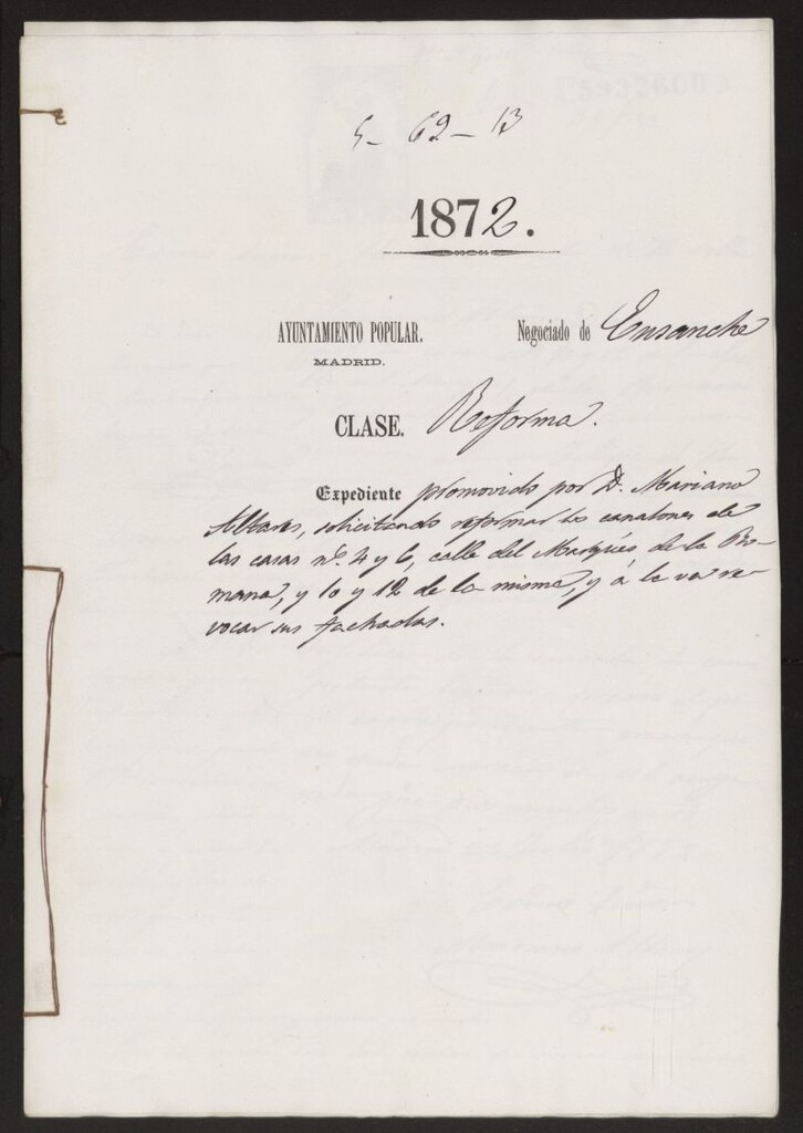 Miniatura de D. Marinano Altares, solicitando reformar los canalones de las casas nºs 4 y 6, calle de Marqués de la romana, y 10 y 12 de la misma, y a la vez revocar sus fachadas.