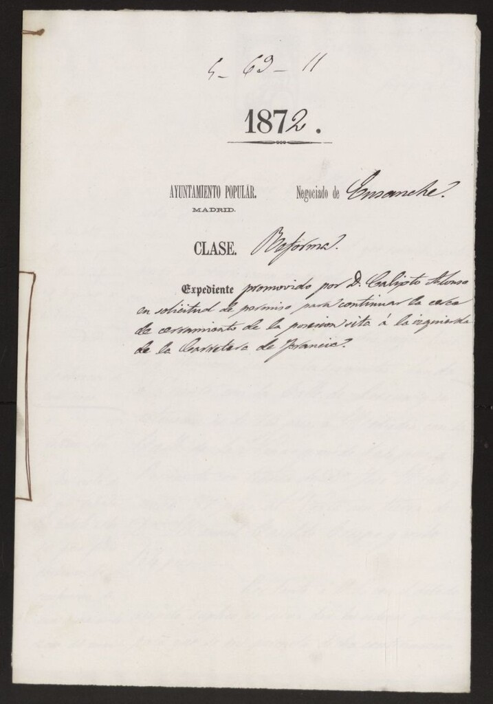 Miniatura de D. Calixto Alonso, en solicitud de permiso para continuar la cerca de cerramiento de la posesión sita a la izquierda de la Carretera de Francia.
