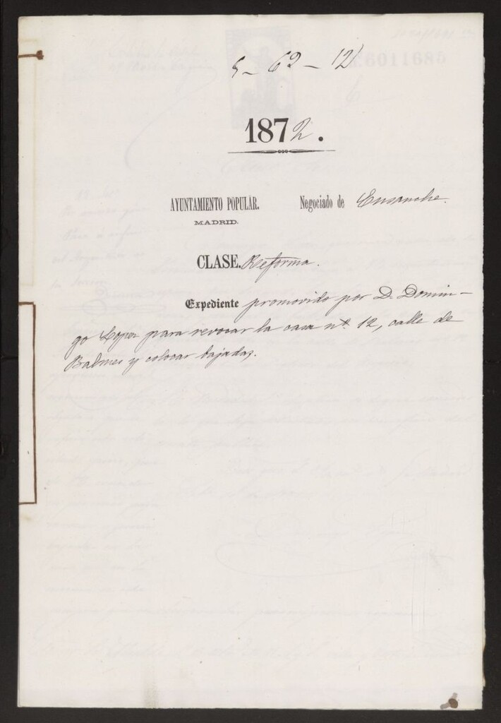 Miniatura de D. Domingo López, para revocar la casa nº 12, calle de Balmes y colocar bajadas.