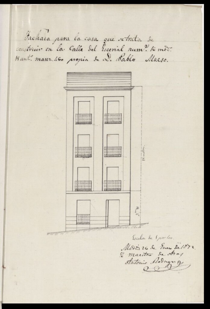 Miniatura de D. Pedro Maeso, en solicitud de licencia para reedificar la casa nº 16 de la calle del Escorial.