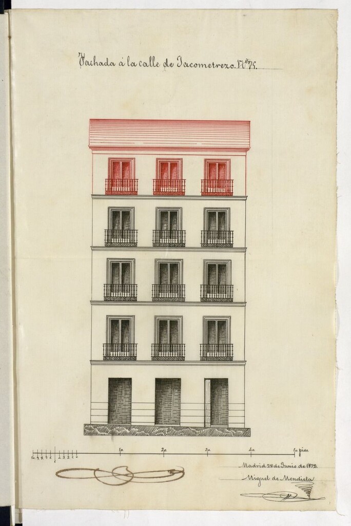 Miniatura de D. Manuel Saínz de la Calleja, para reformar el alero de la casa nº 75, de la Jacometrezo.