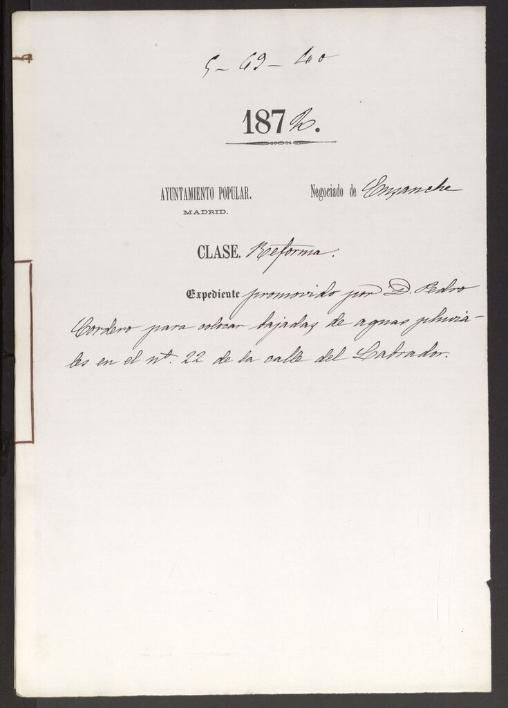 Miniatura de D. Pedro Cordero, para colocar bajadas de aguas fluviales en el nº 22 de la calle de Labrador.