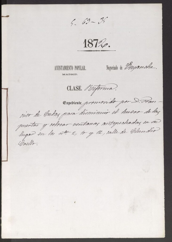 Miniatura de D. Francisco Cutaz, para disminuir el hueco de las puertas y colocar ventanas antepechadas en su lugar en los nºs 2, 10 y 12 calle Claudio Coello.