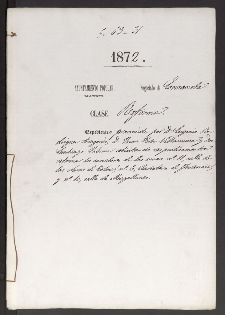 Miniatura de D. Eugenio Rodríguez Aragoneses, D. Juan Pérez Villanueva y D. Santiago Palonín, solicitando respectivamente reformar los canalones de las casas nº 11, calle de las Navas de Tolosa, nº 6 Carretera de Francia y nº10 calle de Magallanes.