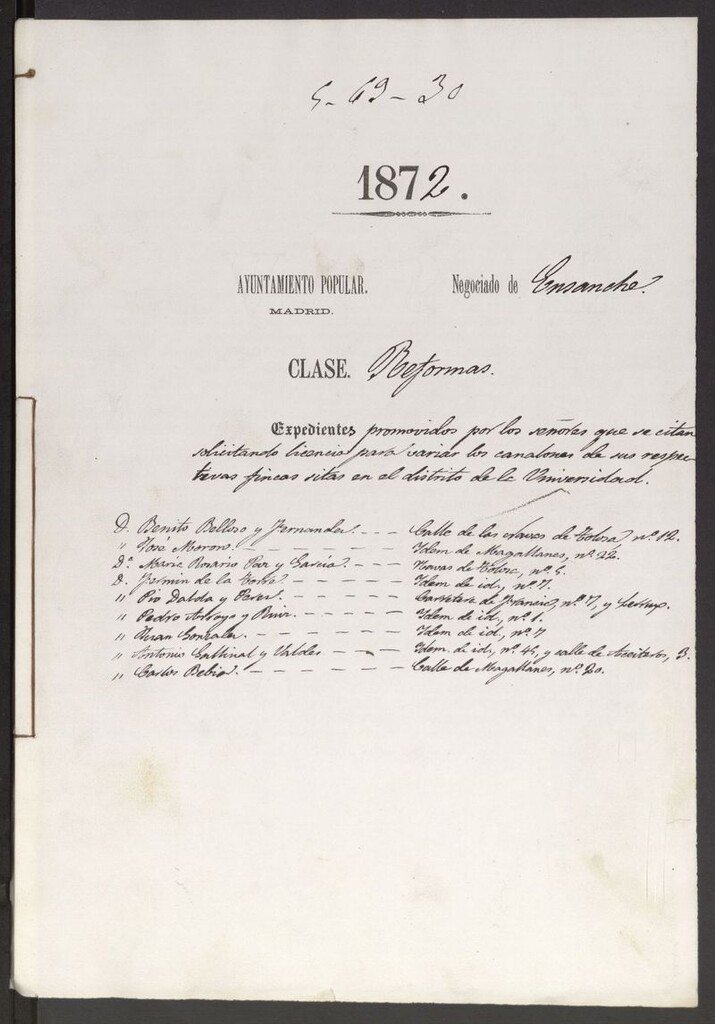 Miniatura de D. Benito Belloso, por los señores que se citan, solicitando licencia para varias los canalones de sus respectivas fincas, sitas en el distrito de la Universidad.