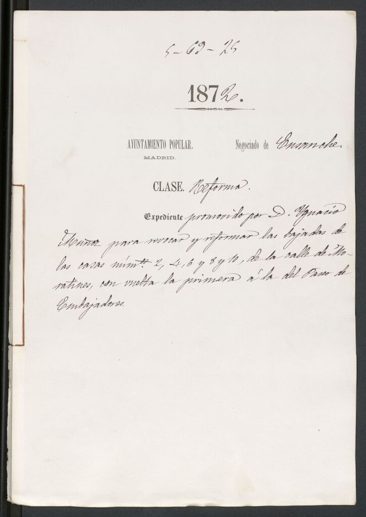 Miniatura de D. Ignacio Ibañez, para revocar y reformar las bajadas de las casas nº 3,4,6 y 8 y 10, de la calle de Moratines, con vuelta la primera a la del Paseo de Embajadores.