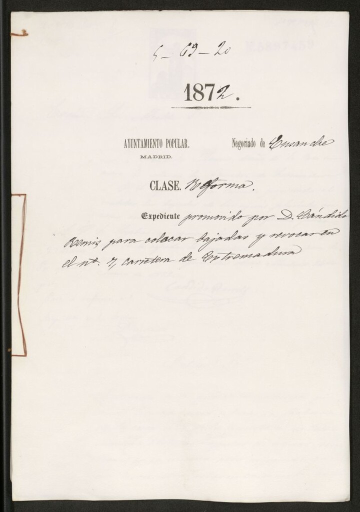 Miniatura de D. Cándido Remis, para colocar bajadas y revocar en el nº 7, Carretera de Extremadura.