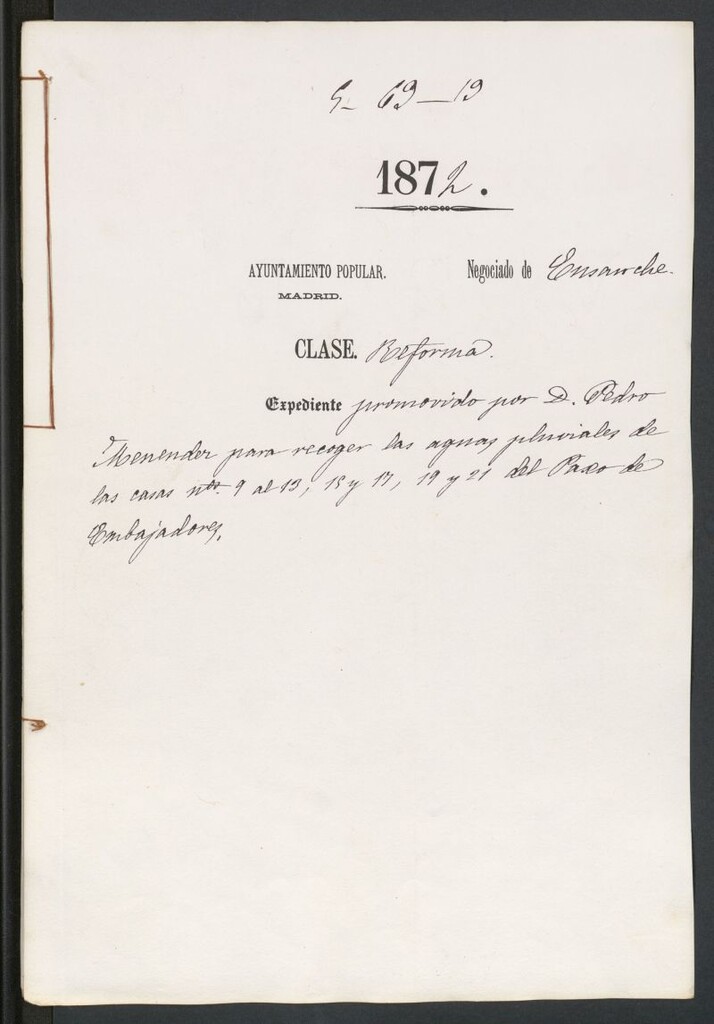 Miniatura de D. Pedro Menéndez, para recoger las aguas fluviales de las casas nº 9 al 13 15 y 17, 19 y 21 del Paseo de Embajadores
