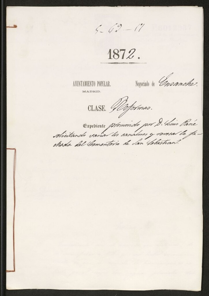 Miniatura de D. Luis Pané, solicitando variar los canalones y revocar la fachada del Cementerio del Cementerio de San Sebatián.