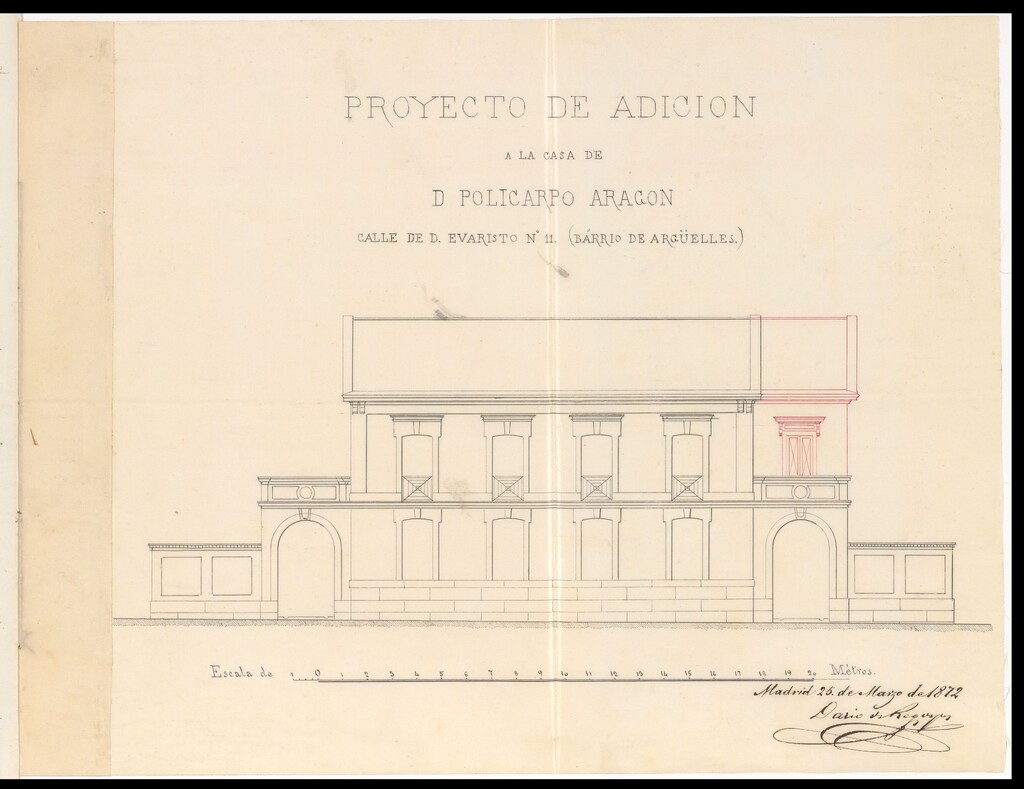 Miniatura de D. Policarpo Aragón, para levantar un piso en la casa de su propiedad de la calle D. Evaristo 11 del Barrio de Argüelles.