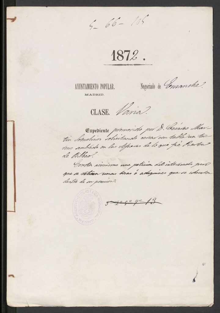 Miniatura de D. Césareo Martín Somolinos, solicitando cerrar con tabla un terreno sembrado en las afuertas de lo que fue Puerta de Bilbao.