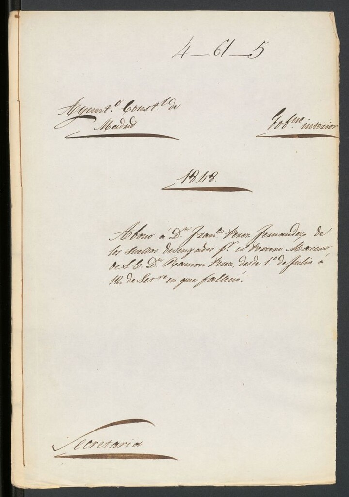 Miniatura de D. Francisco Pérez Fernández, de los sueldos devengados por el Portero Macero de S.E. D. Ramón Pérez desde 1º Julio a 12 septiembre enque falleció.