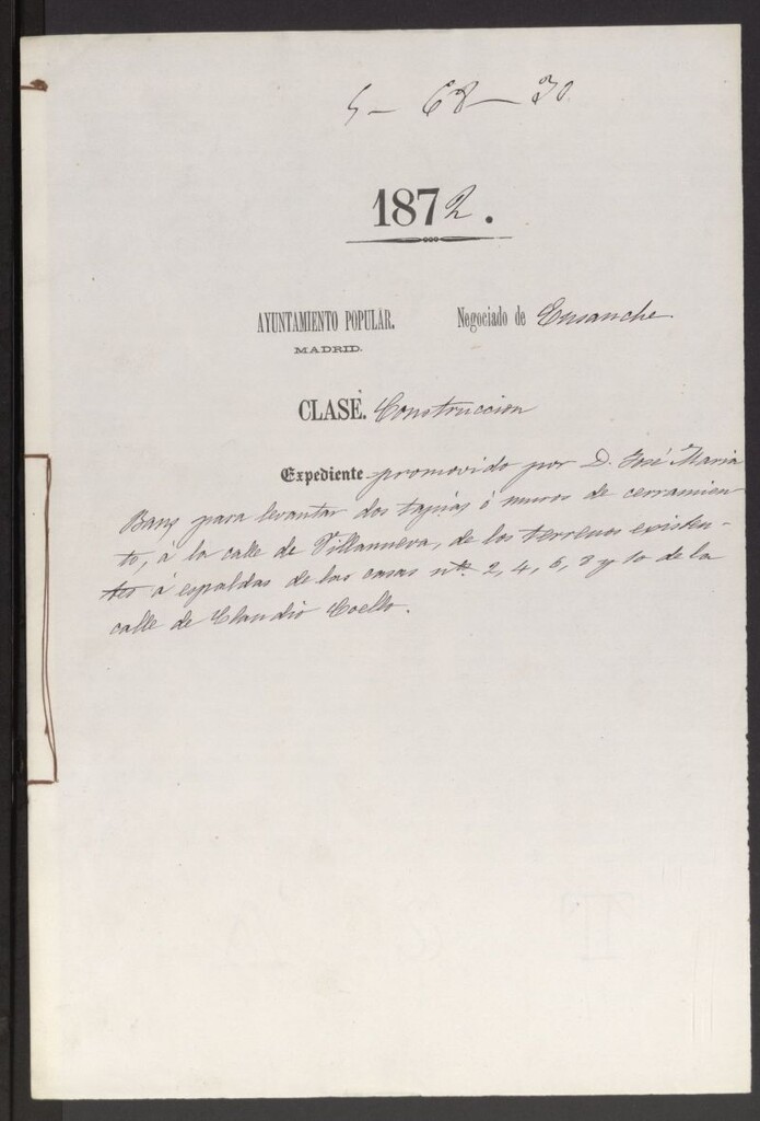 Miniatura de D. José María Bans, para levantar dos tapias ó muros de cerramiento, a la calle de Villanueva, de los terrenos existentes a espaldas de las casas nºs 1,4,6,8 y 10 de la calle de Claudio Coello