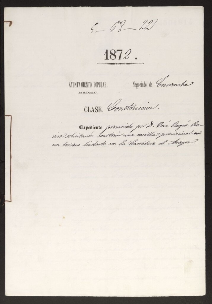 Miniatura de D. José Bogué Rovira, solicitando construir una casilla provisional en un terreno lindante con la Carretera de Aragón.