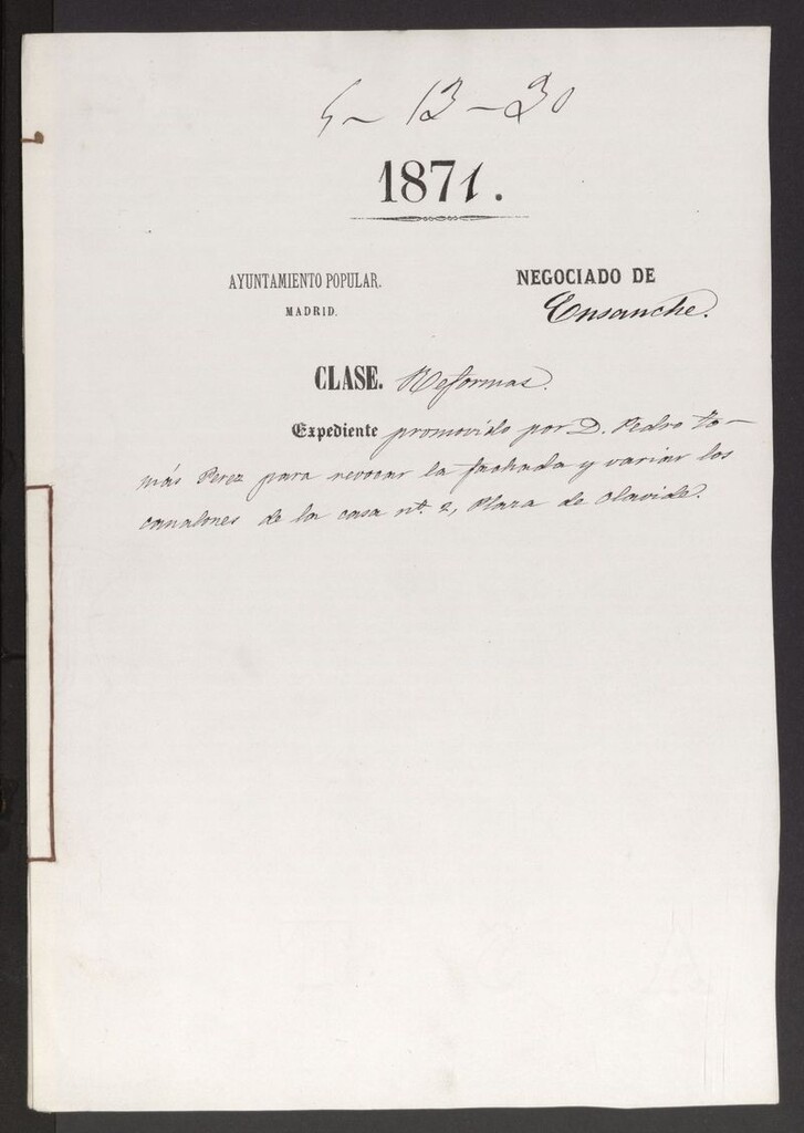 Miniatura de D. Pedro Tómas Pérez, para revocar la fachada y variar los canalones de la casa nº 2, Plaza de Olavide.