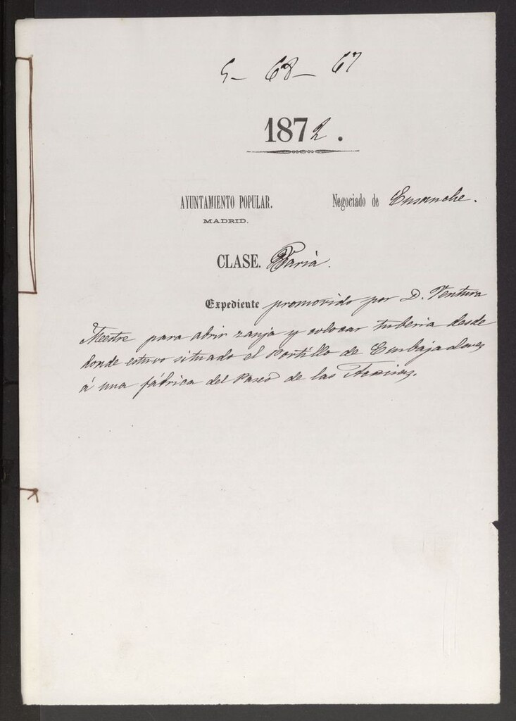 Miniatura de D. Ventura Maestre. para abir zanja y colocar tuberia desde donde estuvo situado el Portillo de Embajadores, a una fábrica del Paseo de las Acacias.